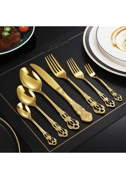 Gümüş-Kaşık-M 1 Adet Lüks Altın Yemek Takımı Vintage Batı Paslanmaz Çelik Çatal Bıçak Takımları Düğün Gravür Sofra Bıçak Çatal Kaşık Çay Kaşığı (Yurt Dışından) modelleri