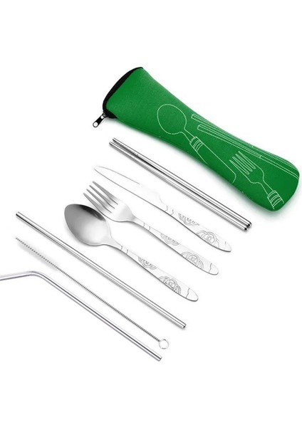 Yeşil 3 Adet Set Yemek Takımı Taşınabilir Baskılı Paslanmaz Çelik Kaşık Çatal Biftek Bıçağı Seti Seyahat Çatal Sofra Çanta ile (Yurt Dışından)