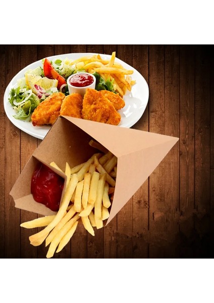 S 50 Adet Yaratıcı Koni Şekli Çanta Tek Kullanımlık Patates Kızartması Kutusu Su Geçirmez ve Anti-Yağ Gıda Sınıfı Kraft Kağıt Kutusu Kızarmış Gıda Paketi (Yurt Dışından)