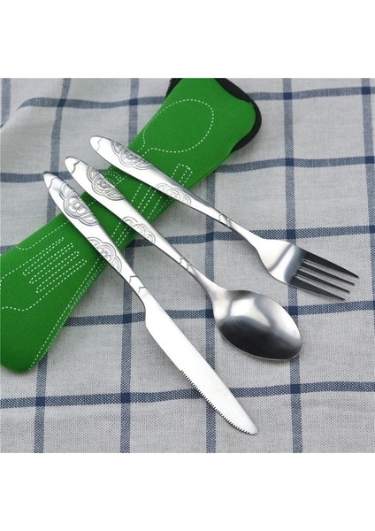 3 Adet-Yeşil 3 Adet Set Yemek Takımı Taşınabilir Baskılı Paslanmaz Çelik Kaşık Çatal Biftek Bıçağı Seti Seyahat Çatal Sofra Çanta ile (Yurt Dışından)