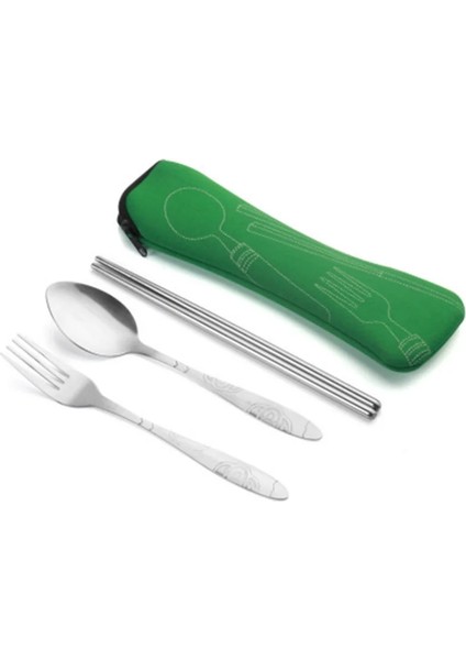 3 Adet-Yeşil 3 Adet Set Yemek Takımı Taşınabilir Baskılı Paslanmaz Çelik Kaşık Çatal Biftek Bıçağı Seti Seyahat Çatal Sofra Çanta ile (Yurt Dışından)
