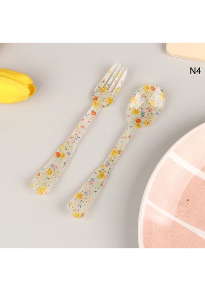 N4 2 Adet/takım Fransız Tarzı Retro Ekose Tatlı Kaşığı Çatal Plastik Çay Kahve Karıştırma Kaşığı Vintage Içecek Sofra Çay Kaşığı (Yurt Dışından)