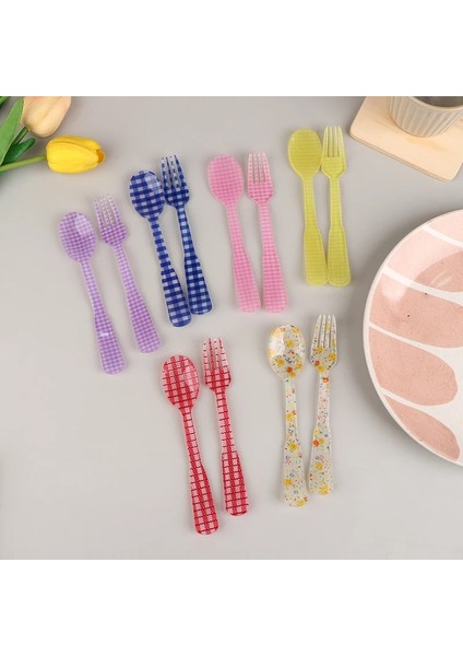 N4 2 Adet/takım Fransız Tarzı Retro Ekose Tatlı Kaşığı Çatal Plastik Çay Kahve Karıştırma Kaşığı Vintage Içecek Sofra Çay Kaşığı (Yurt Dışından) fiyatları