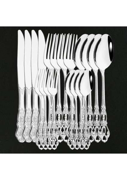 4 Adet Longspoon Vintage Kraliyet Gümüş Yemek Takımı Paslanmaz Çelik Set Ayna Kaşık Çatal Bıçaklar Dondurma Kaşığı Gümüş Düğün Sofra Hediye (Yurt Dışından)