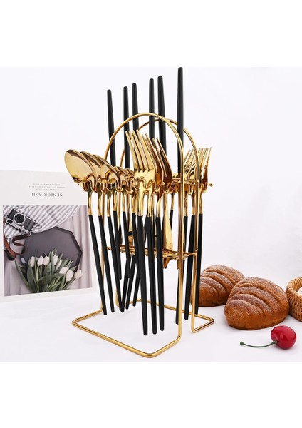 Gümüş 24 Adet Siyah Altın Yemek Takımı Seti Paslanmaz Çelik Çatal Bıçak Kaşık Seti Mutfak Çatal Bıçak Kaşık Sofra Seti Sofra Takımı Seti Gümüş Set (Yurt Dışından)