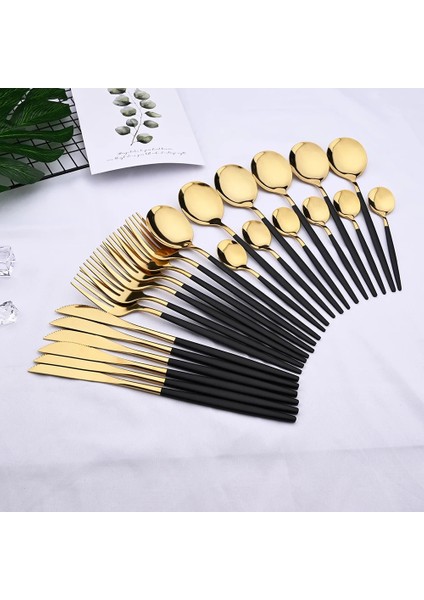 Gümüş 24 Adet Siyah Altın Yemek Takımı Seti Paslanmaz Çelik Çatal Bıçak Kaşık Seti Mutfak Çatal Bıçak Kaşık Sofra Seti Sofra Takımı Seti Gümüş Set (Yurt Dışından)