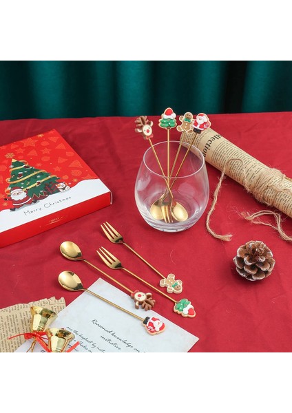 Stil 4 Noel Kaşık Seti Noel Elk Bisküvi Adam Noel Ağacı Noel Baba Tatlı Kutusu ile Karıştırma Kaşığı Paslanmaz Çelik Sofra (Yurt Dışından)