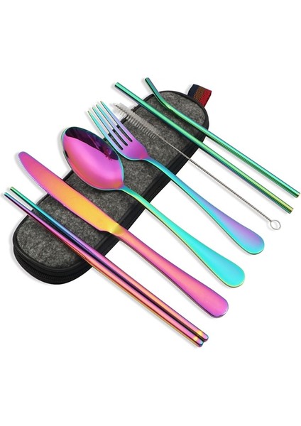Gökkuşağı 8 Adet/takım Sofra Yeniden Kullanılabilir Seyahat Çatal Bıçak Kaşık Seti Kamp Eşyaları Seti Paslanmaz Çelik Kaşık Çatal Çubuklarını Saman Taşınabilir Kılıf (Yurt Dışından)