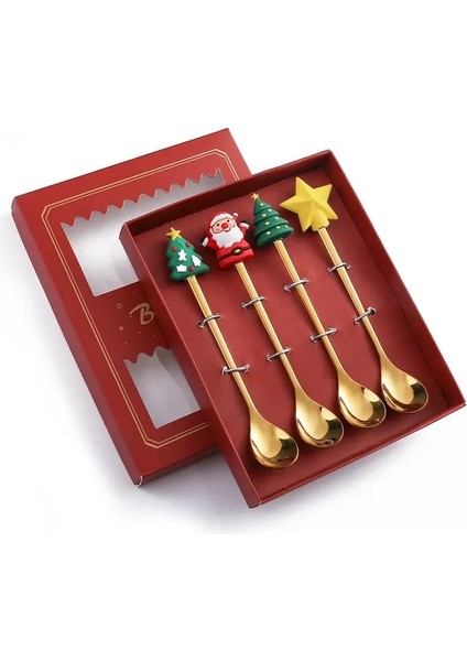 4pcs-Gold-A1 6/4/2pcs Noel Hediyesi Glod Kaşık Çatal Seti Elk Noel Ağacı Dekorasyon Tatlı Kepçe Meyve Çatalı Kahve Kaşığı Çatal Bıçak Kaşık Seti (Yurt Dışından)