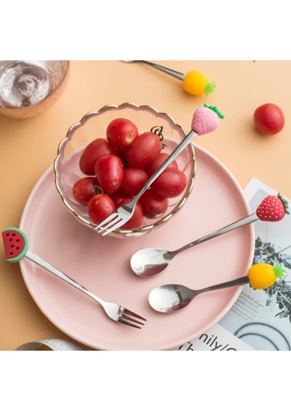 Pembe Çilek6 Paslanmaz Çelik Kaşık Çatal Meyve Çatalı Renkli Meyve Sevimli Desen Tatlı Kaşığı Çocuk Mutfak Aksesuarları Setleri (Yurt Dışından) modelleri