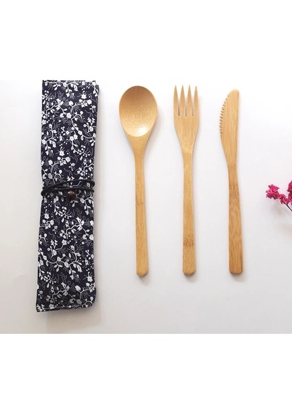 Set1 3 Adet/takım Ahşap Yemek Takımı Seti Bambu Çatal Bıçak Çorba Çay Kaşığı Catering Çatal Bıçak Kaşık Seti Bez Çanta ile Mutfak Pişirme Araçları Gereçler (Yurt Dışından)