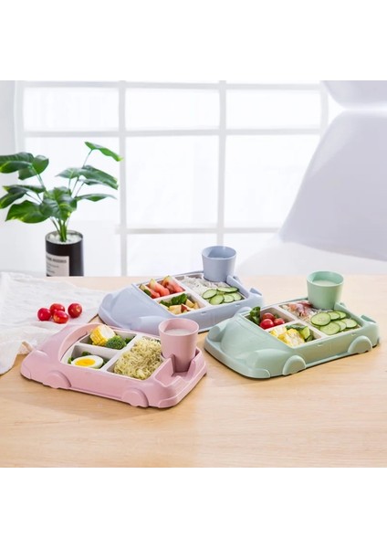 Pembe Bambu Elyaf Çocuk Sofra Seti Karikatür Kase Bölünmüş Yemek Tabağı Kaşık Çatal Bardak Beş Parçalı Set Hediye Restoran Sofra Takımı (Yurt Dışından)