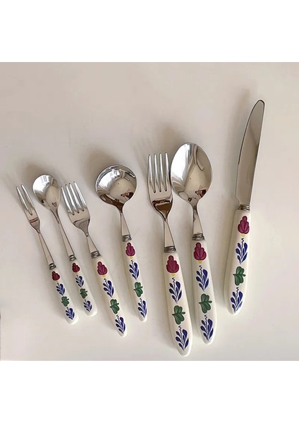 Tatlı Çatalı 16.5 Retro Çiçek Seramik Kolu Paslanmaz Çelik Bıçak Çatal Kaşık Yemek Takımı Tatlı Kaşığı Çatal Kahve Kaşığı Mutfak Sofra (Yurt Dışından) fiyatları