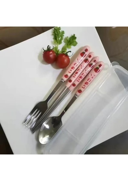 Üç Parçalı Set Kore Çilek Kedi Çubuklarını Kaşık Çatal Çatal Seti Kılıfı ile Taşınabilir Seyahat Paslanmaz Çelik Sofra Seti Mutfak Eşyaları (Yurt Dışından)