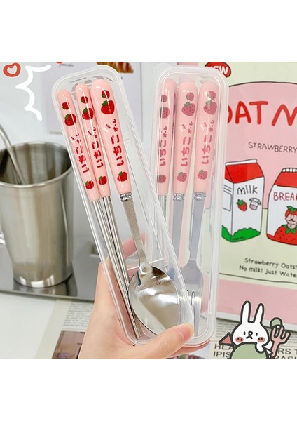 Üç Parçalı Set Kore Çilek Kedi Çubuklarını Kaşık Çatal Çatal Seti Kılıfı ile Taşınabilir Seyahat Paslanmaz Çelik Sofra Seti Mutfak Eşyaları (Yurt Dışından) fiyatları