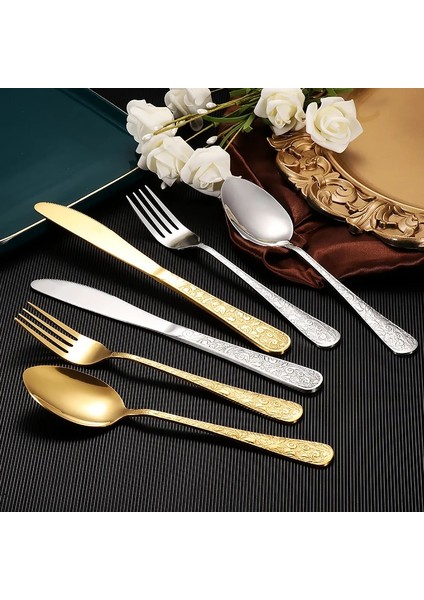 Silveregg 6 Adet Kaşık Retro Altın Sofra Seti Lüks Paslanmaz Çelik Kaşık Çatal Biftek Bıçağı High-End Rölyef Komple Çatal Bıçak Takımı 12 Kişi Ev Dekor Için (Yurt Dışından)