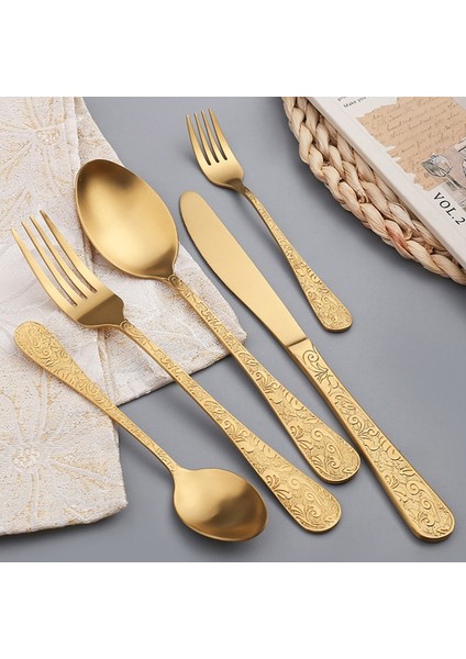 Silveregg 6 Adet Kaşık Retro Altın Sofra Seti Lüks Paslanmaz Çelik Kaşık Çatal Biftek Bıçağı High-End Rölyef Komple Çatal Bıçak Takımı 12 Kişi Ev Dekor Için (Yurt Dışından)