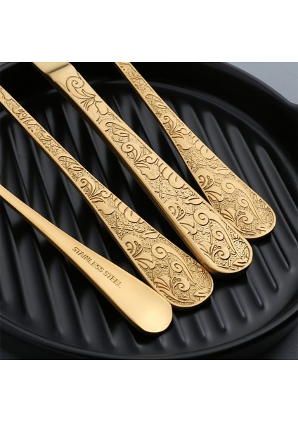 Silveregg 6 Adet Kaşık Retro Altın Sofra Seti Lüks Paslanmaz Çelik Kaşık Çatal Biftek Bıçağı High-End Rölyef Komple Çatal Bıçak Takımı 12 Kişi Ev Dekor Için (Yurt Dışından)