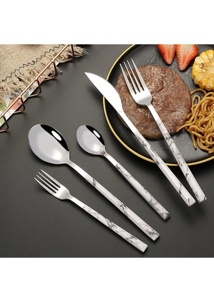 Bir Gümüş Kaşık Mermer Saplı Çatal Bıçak Kaşık Seti Sofra Yaratıcı Paslanmaz Çelik Kaşık Çatal Bıçak Yemek Takımı Seti Batı Mutfak Eşyaları (Yurt Dışından) modelleri