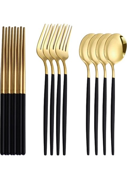 12 Adet Blackgold Altın Çatal Bıçak Kaşık Seti Kore Paslanmaz Çelik Sofra Seti Çatal Kaşık ve Yemek Çubukları Seti Altın Yemek Takımı Seti Lüks Sofra Seti (Yurt Dışından)