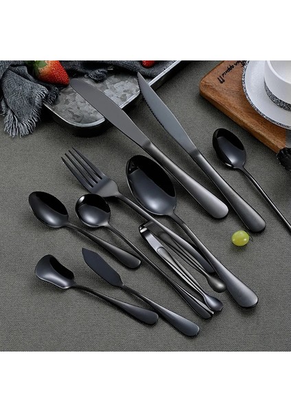 No.9 Büyük Çay Kaşığı Yemek Takımı Seti 304 Paslanmaz Çelik Siyah Çatal Seti Tereyağı Bıçağı Servis Balık Çatalı Şeker Kaşığı Sofra Gümüş Seti 1 Adet (Yurt Dışından)