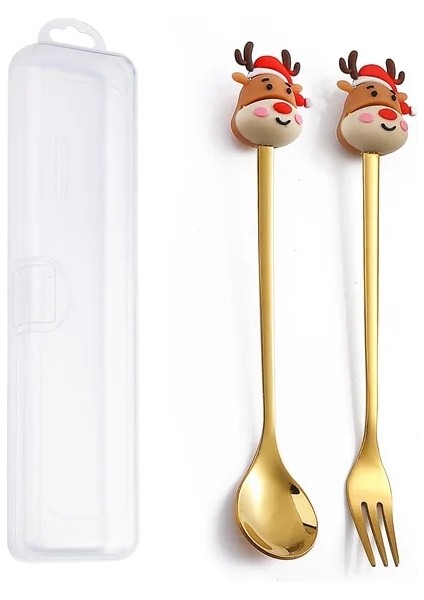 2pcs-Gold-E5 6/4/2pcs Noel Hediyesi Glod Kaşık Çatal Seti Elk Noel Ağacı Dekorasyon Tatlı Kepçe Meyve Çatalı Kahve Kaşığı Çatal Bıçak Kaşık Seti (Yurt Dışından)