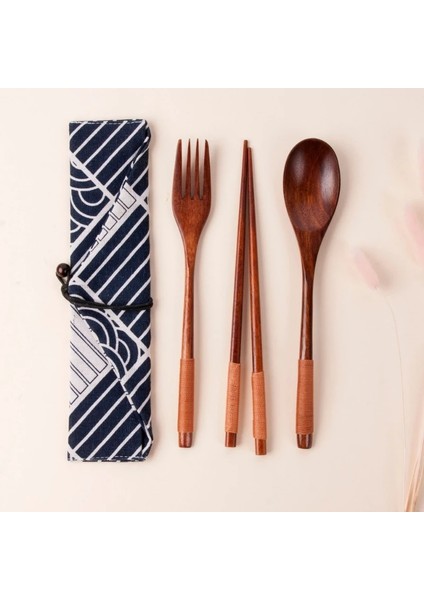 6-22.5cm-3 Adet-Torba Yemek Takımları Taşınabilir Ahşap Sofra Ahşap Japon Tarzı Seyahat Eşyaları Çatal Kaşık Çatal Çubuklarını Bez Çanta ile Set (Yurt Dışından)