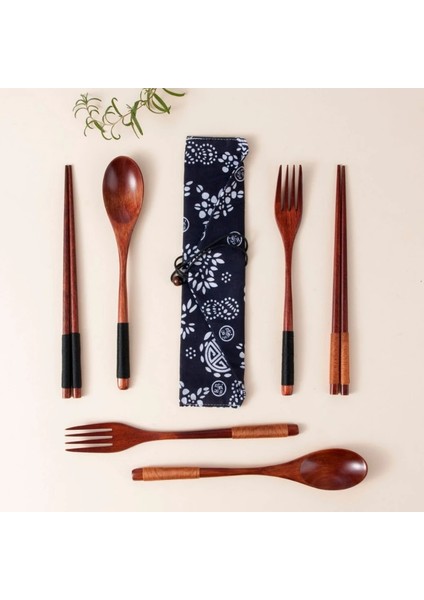 6-22.5cm-3 Adet-Torba Yemek Takımları Taşınabilir Ahşap Sofra Ahşap Japon Tarzı Seyahat Eşyaları Çatal Kaşık Çatal Çubuklarını Bez Çanta ile Set (Yurt Dışından)