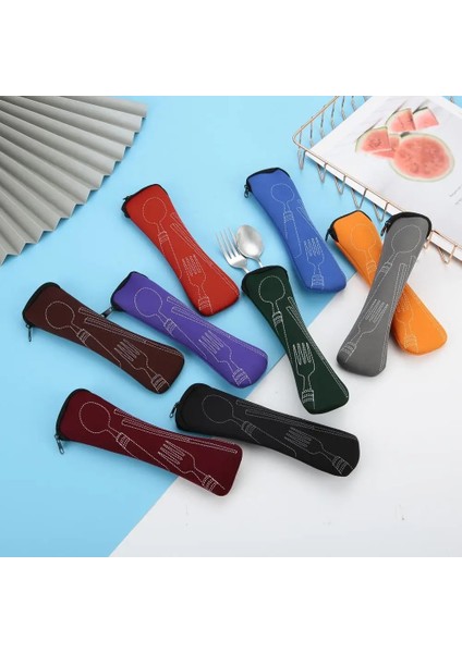 Gök Mavisi Düz Renk Şık Seyahat Çatal Bıçak Takımı Fermuarlı Hafif Çatal Kaşık Çantası Kamp Için Taşınabilir (Yurt Dışından) fiyatları