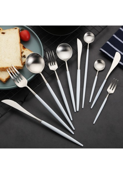 Çay Çatal Çatal Bıçak Kaşık Seti Beyaz Gümüş Sofra Seti Paslanmaz Çelik Batı Gıda Lüks Çatal Kaşık Tereyağı Bıçağı Seti Çubuklarını Bırak Gemi (Yurt Dışından) modelleri