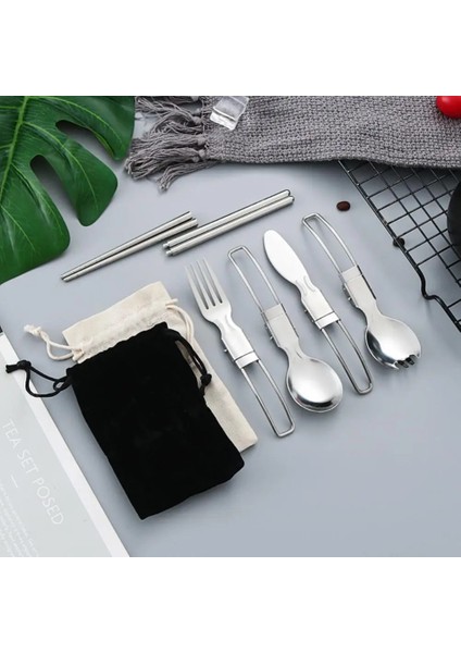 1 Adet Yemek Çubukları 5 Adet 1 Takım Taşınabilir Açık Kamp Seyahat Piknik Katlanabilir Paslanmaz Çelik Çatal Seti Kaşık Çatal Bıçak Sofra Takımı (Yurt Dışından)