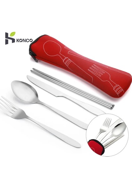 Kırmızı Konco Paslanmaz Çelik Bento Kutusu Çatal Bıçak Kaşık Seti Taşınabilir Öğle Yemeği Yemek Takımı Seti Bıçak Çatal Kaşık Çubuklarını Seyahat Piknik Çatal (Yurt Dışından)