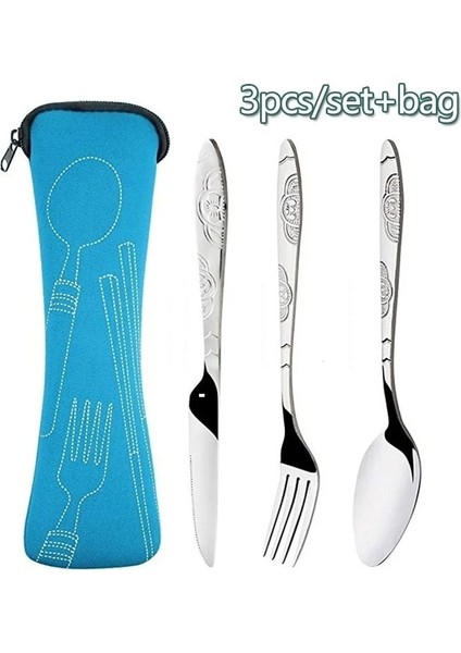 3pcs-Pink2 3 Adet/takım Yemek Takımı Taşınabilir Baskılı Paslanmaz Çelik Kaşık Çatal Biftek Bıçağı Seti Seyahat Çatal Sofra Çanta ile (Yurt Dışından)