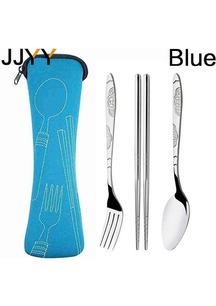 Blue-3 Adet Yemek Takımı Taşınabilir Baskılı Paslanmaz Çelik Kaşık Çatal Çubuklarını Biftek Bıçağı Seti Seyahat Çatal Sofra Çanta Sofra (Yurt Dışından)