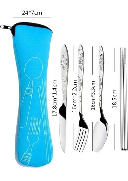 Blue-3 Adet Yemek Takımı Taşınabilir Baskılı Paslanmaz Çelik Kaşık Çatal Çubuklarını Biftek Bıçağı Seti Seyahat Çatal Sofra Çanta Sofra (Yurt Dışından)