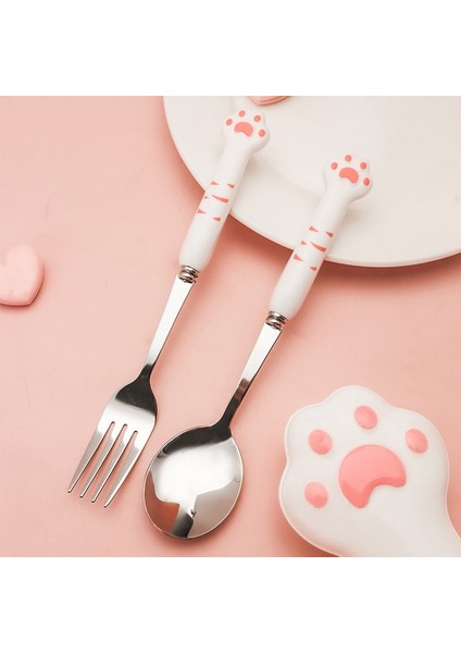 Pembe Çatal Sevimli Kedi Paw Çatal Bıçak Kaşık Seti Paslanmaz Çelik Çatal Kaşık Saklama Kutusu Yemek Takımı Sofra Gümüş Öğle Yemeği Bento Aksesuarları (Yurt Dışından)