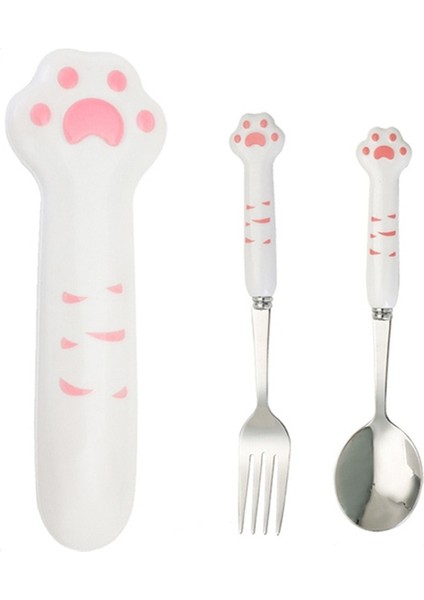 Pembe Çatal Sevimli Kedi Paw Çatal Bıçak Kaşık Seti Paslanmaz Çelik Çatal Kaşık Saklama Kutusu Yemek Takımı Sofra Gümüş Öğle Yemeği Bento Aksesuarları (Yurt Dışından)