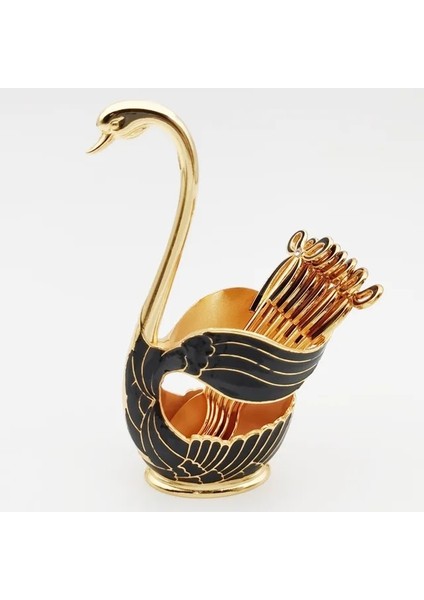 Siyah-6 Kaşık Lüks Metal Kahve Kaşığı ve Çatal Seti Meyveli Kuğu Tabanı Tutucu Dondurma Kaşığı Çatal Çay Kaşığı Tatlı Şeker Salata Sofra Takımı (Yurt Dışından)