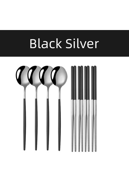 4 Takım Siyah Çubuklarını Kaşık Çatal Bıçak Kaşık Seti Yeniden Kullanılabilir Paslanmaz Çelik Kaymaz Suşi Çubukları Gıda Çorba Kaşığı Yemek Takımı Seti (Yurt Dışından)