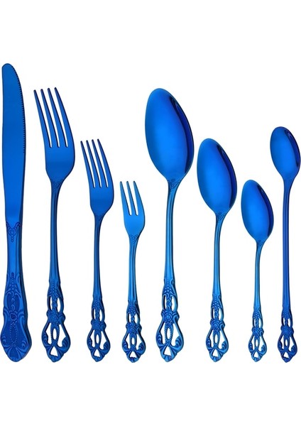 Mavi Altın 8 Adet Lüks Yemek Takımı Ayna Paslanmaz Çelik Vintage Batı Sofra Takımı Çatal Bıçak Kaşık Seti Sofra Bıçak Buz Kaşığı Meyve Çatalı Seti (Yurt Dışından)