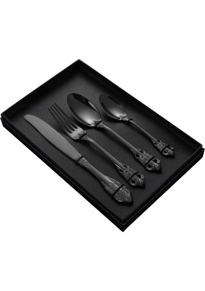 Siyah 4 Adet Hediye Kutusu Lüks Kaşık ve Çatal Seti Paslanmaz Çelik Altın Çatal Seti Food Grade Lüks Kraliyet Sofra Avrupa Biftek Bıçağı Mutfak Ürünleri (Yurt Dışından)