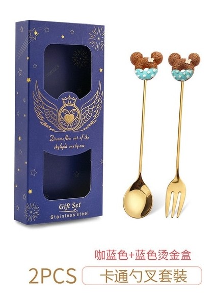 D02-2PCS Set 4/2pcs Paslanmaz Çelik Donuts Şeker Kaşık Çatallar Mutfak Sofra Süt Kahve Karıştırma Kaşıkları Tatlı Kek Araçları Çatal Bıçak Takımı Seti (Yurt Dışından)