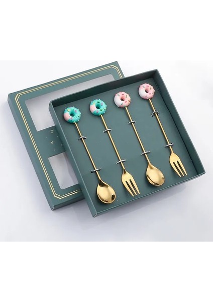4PCS-B05 4pcs Altın Çatal Seti Donuts Şeker Kaşık Çatal Çay Kaşığı Meyve Çatal Süt Kahve Karıştırma Kaşık Tatlı Kek Araçları Çatal Hediye (Yurt Dışından)