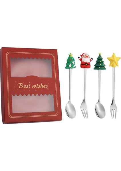 4 Adet Hediye Kutusu Noel Hediyesi Deco Sofra Çatal Bıçak Kaşık Seti Elk Noel Ağacı Dekorasyon Tatlı Kaşığı Meyve Çatalı Kahve Kaşığı Çatal Hediye (Yurt Dışından)