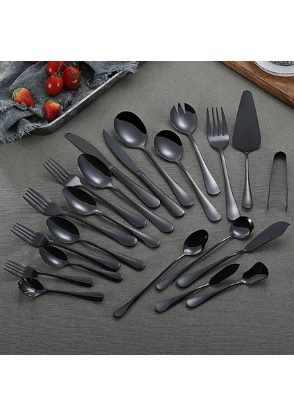 No.12 Servis Çatalı Yemek Takımı Seti 304 Paslanmaz Çelik Siyah Çatal Bıçak Kaşık Seti Tereyağı Bıçağı Servis Balık Çatalı Şeker Kaşığı Sofra Gümüş Seti 1 Adet (Yurt Dışından)