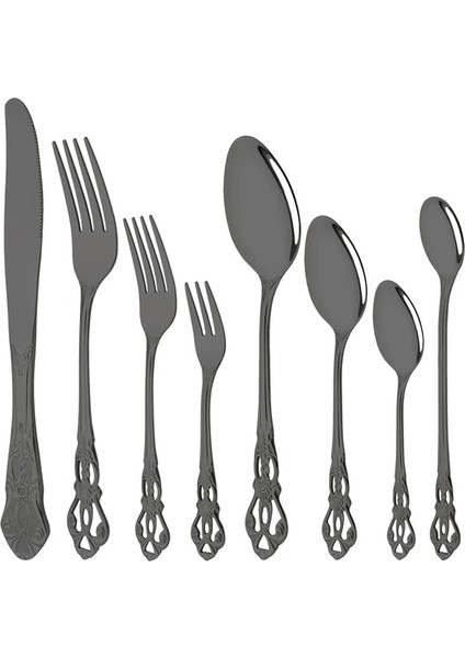 Siyah Altın 8 Adet Lüks Yemek Takımı Ayna Paslanmaz Çelik Vintage Batı Sofra Takımı Çatal Bıçak Kaşık Seti Sofra Bıçak Buz Kaşığı Meyve Çatal Seti (Yurt Dışından)