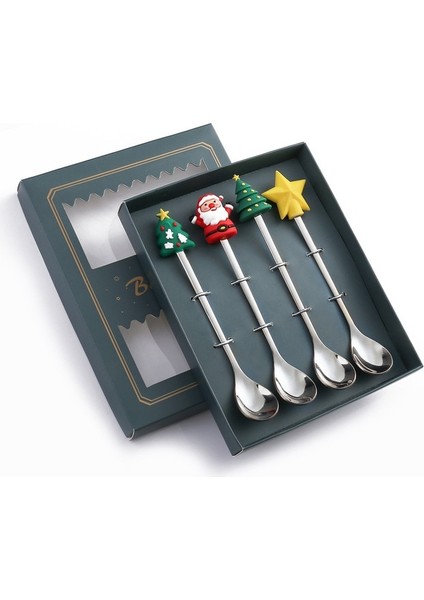 4pcs-Silver-B1 6/4/2pcs Noel Hediyesi Glod Kaşık Çatal Seti Elk Noel Ağacı Dekorasyon Tatlı Kepçe Meyve Çatalı Kahve Kaşığı Çatal Bıçak Kaşık Seti (Yurt Dışından)