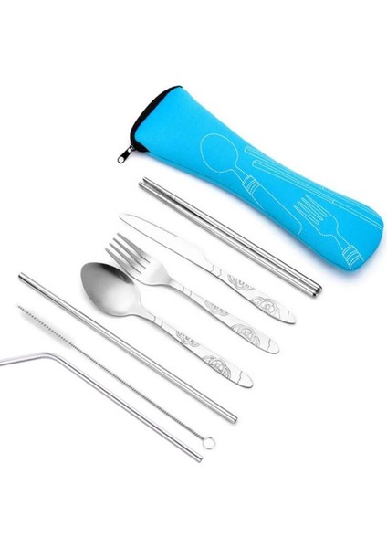 Pembe 7 Adet Set Yemek Takımı Taşınabilir Baskılı Paslanmaz Çelik Kaşık Çatal Biftek Bıçağı Seti Seyahat Çatal Sofra Çanta ile SN4331 (Yurt Dışından)