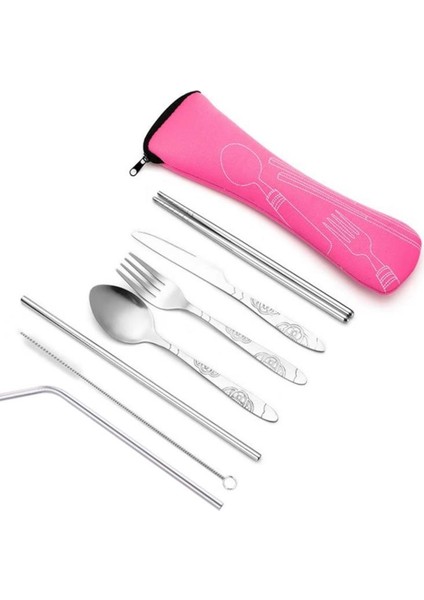 Pembe 7 Adet Set Yemek Takımı Taşınabilir Baskılı Paslanmaz Çelik Kaşık Çatal Biftek Bıçağı Seti Seyahat Çatal Sofra Çanta ile SN4331 (Yurt Dışından)