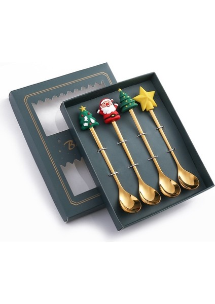 4pcs-Gold-B1 6/4/2pcs Noel Hediyesi Glod Kaşık Çatal Seti Elk Noel Ağacı Dekorasyon Tatlı Kepçe Meyve Çatalı Kahve Kaşığı Çatal Bıçak Kaşık Seti (Yurt Dışından)